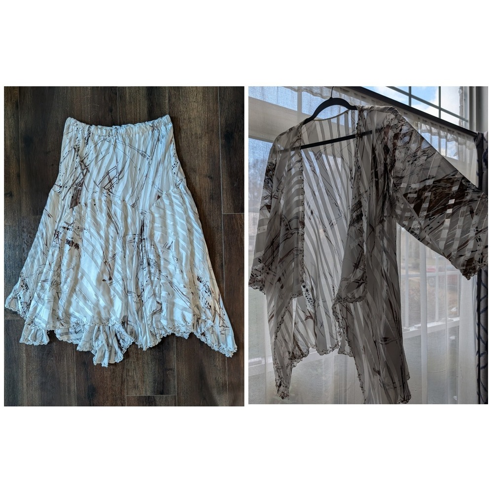 Chesca Womens Silk Sheer Skirt Jacket Set 20 Artsy Abstract Lagenlook Asymmetric